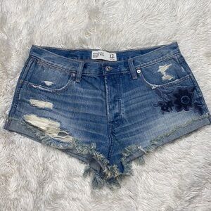 Abercrombie and Fitch high rise Flower embroidered Denim shorts